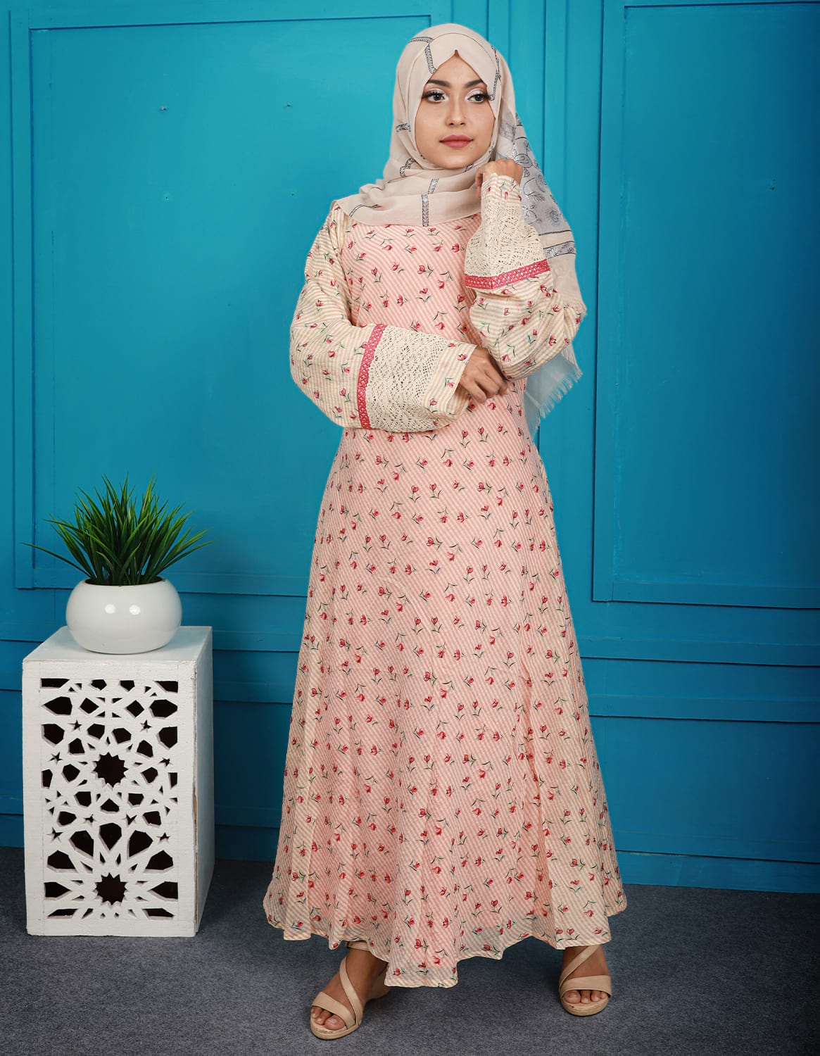Cream Color Gown Borka With Floral Print