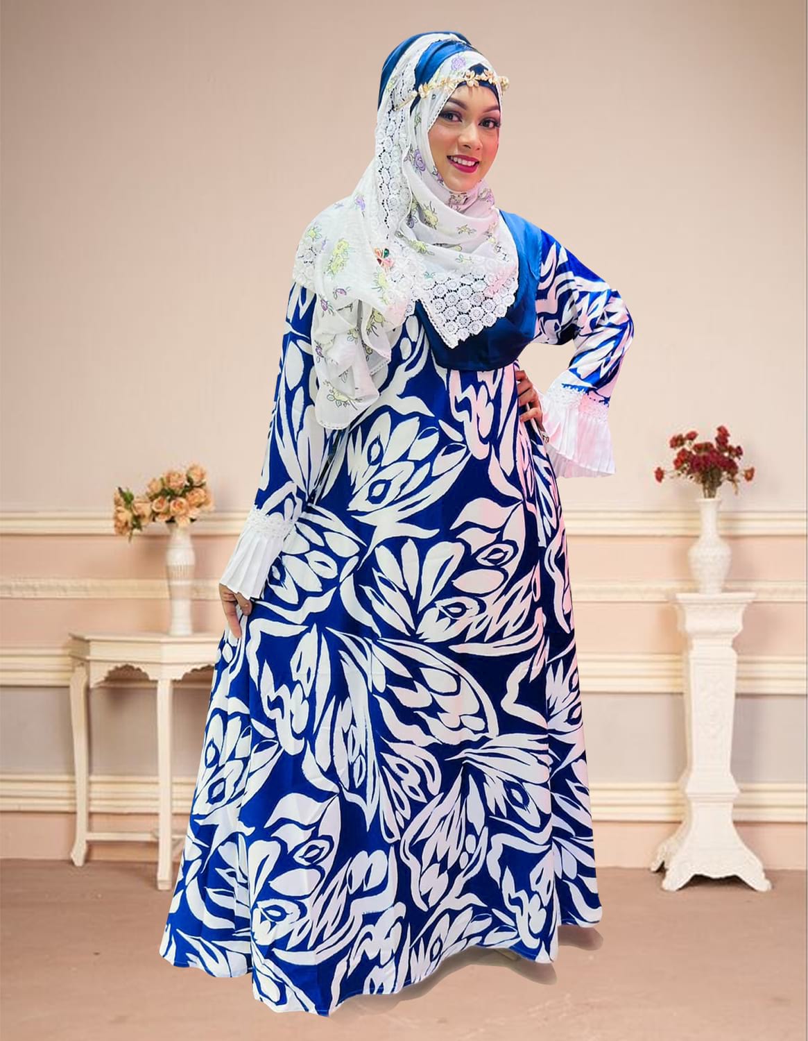 Blue and White Color Printed Gown Borka