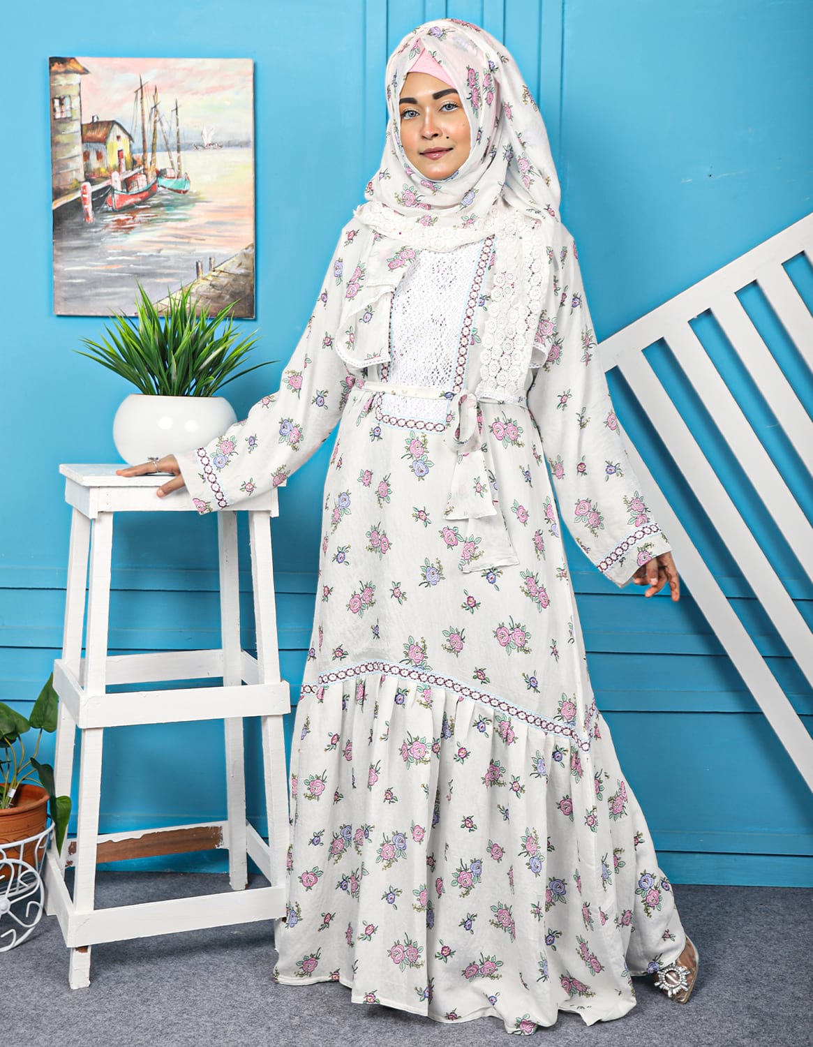 White Color Gown Borka With Floral Print