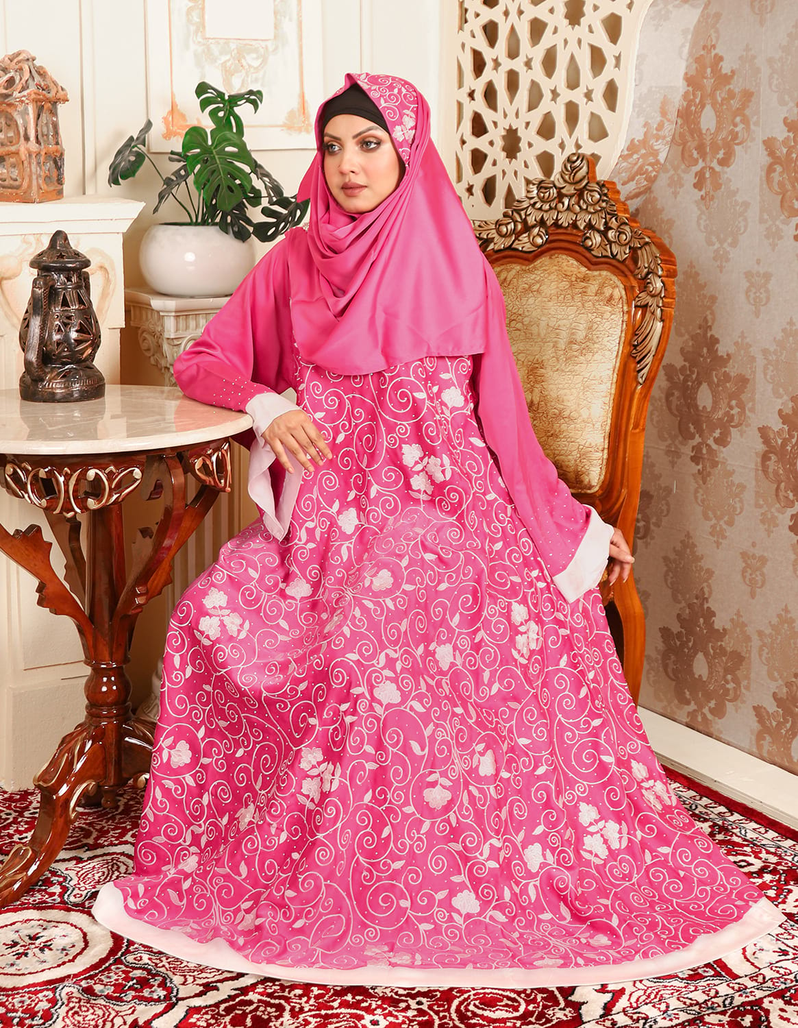 Pink Color Gown Borka with Embroidery & Stone Work